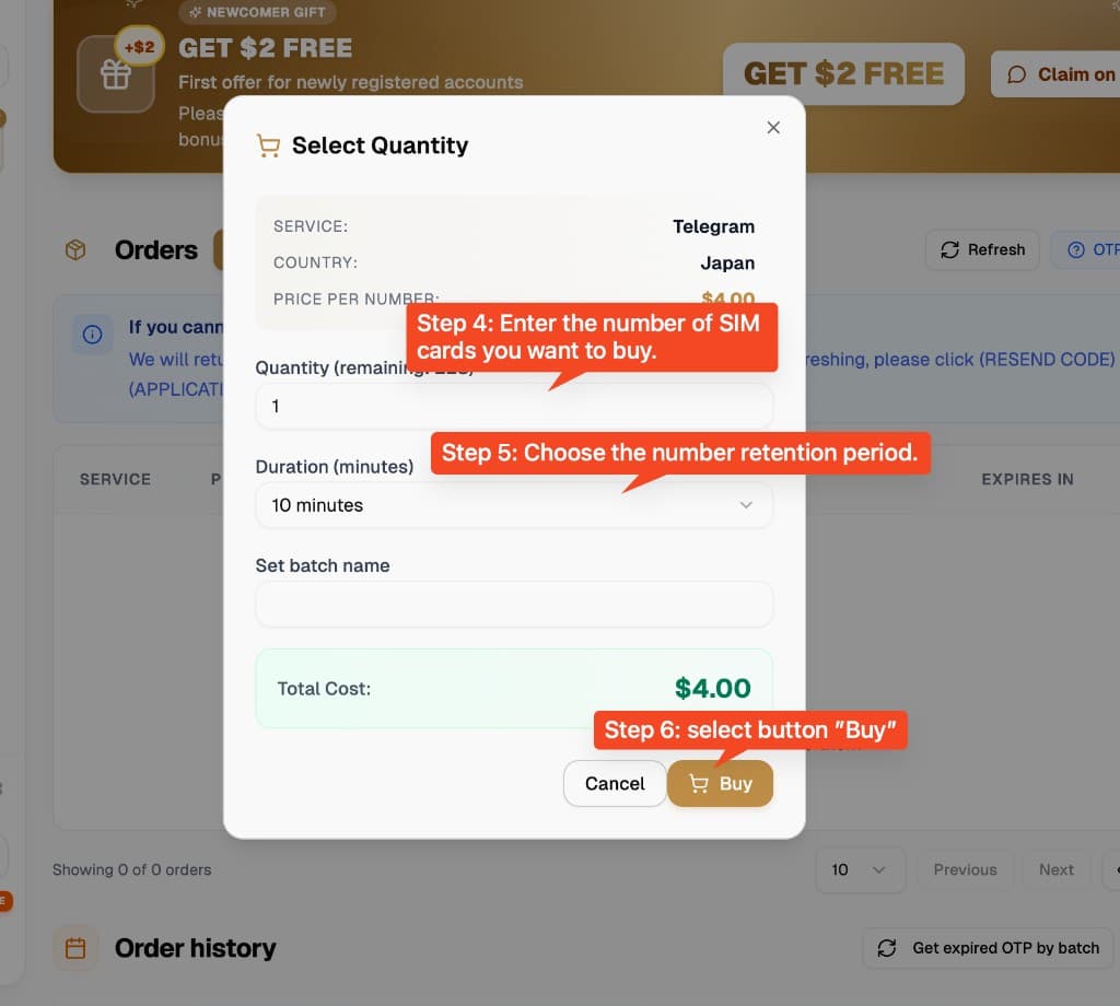 Steps 4-6: quantity, duration and Buy in the Select Quantity popup