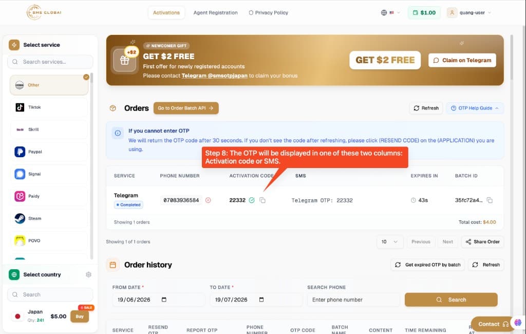 Step 8: OTP shown in the Activation code or SMS column