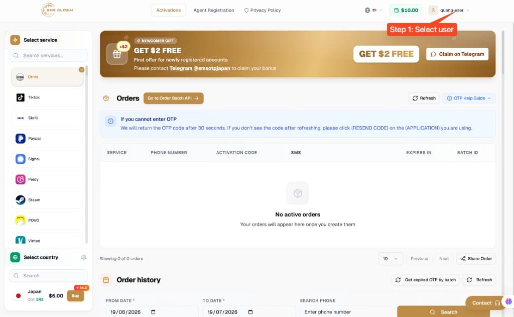 Step 1: click the user profile on SMS Global Hub