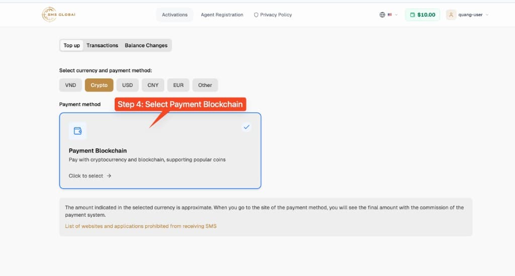 Step 4: select Payment Blockchain