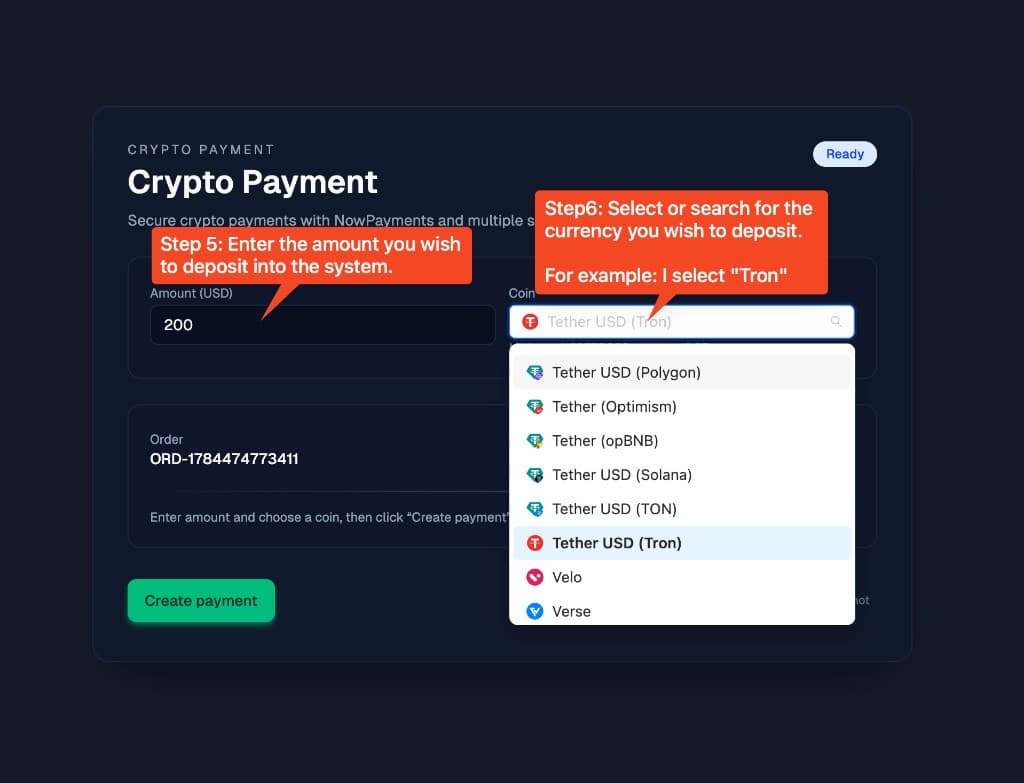 Step 5: enter deposit amount in USD
