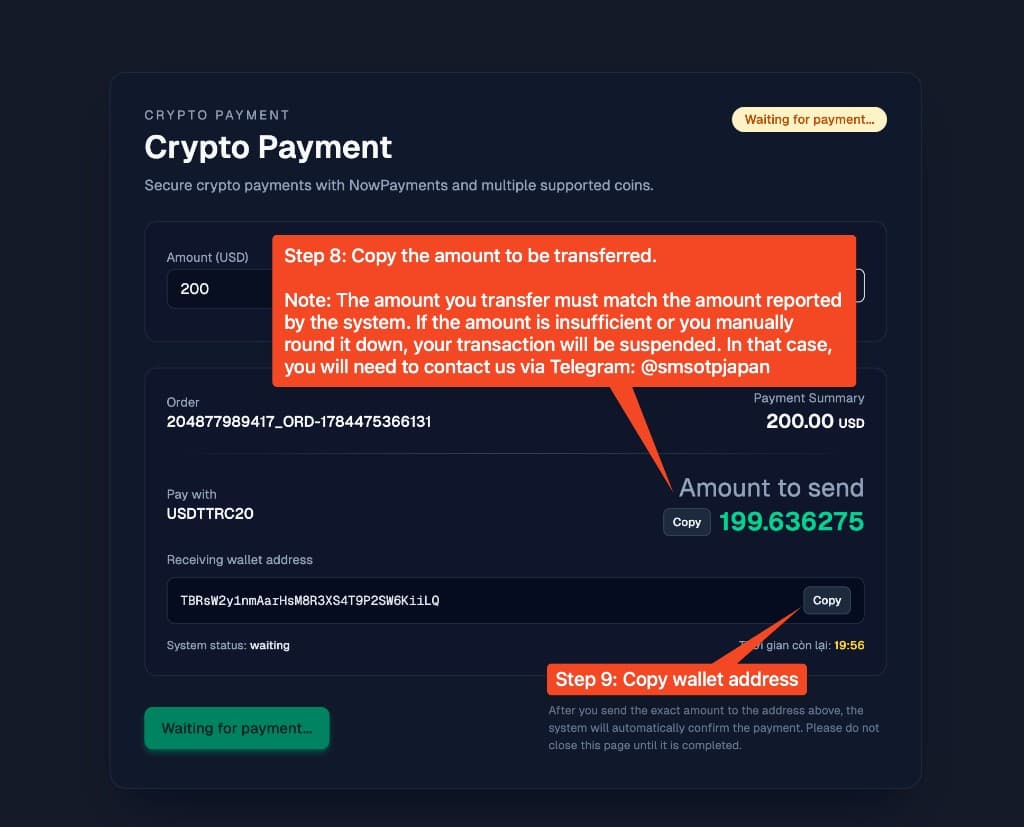 Step 8: copy the exact crypto amount to send